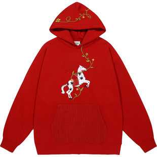 GUUKA马年本命年衣服红色花卉刺绣卫衣女 加绒加厚落肩连帽衫宽松