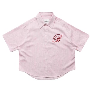 badblood美式复古宽松休闲条纹短袖衬衫辣妹松紧腰夏季刺绣短裤女