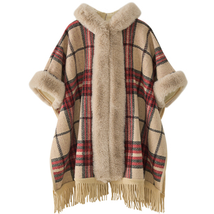 加绒加厚保暖毛毛披肩短外套女冬季复古格纹高档披风斗篷皮草大衣