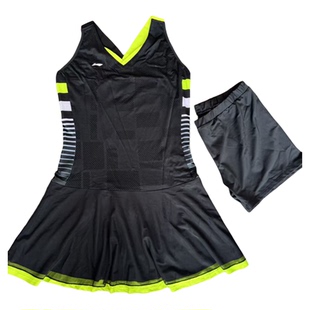 李宁正品羽毛球连衣裙套装女黑色V领运动裙短裤两件套塑身美体