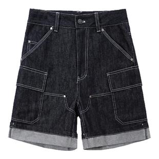 Unvesno(UN)伐木撞色走线翻边工装休闲翻折牛仔中裤