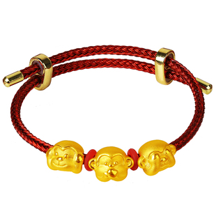 黄金三不猴子转运珠手链999足金硬金可爱小猴吊坠路路通男女串珠