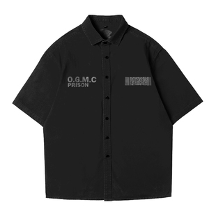 核爆炸潮牌硬汉黑色美式宽松超大码男女休闲外套短袖囚服衬衫大码