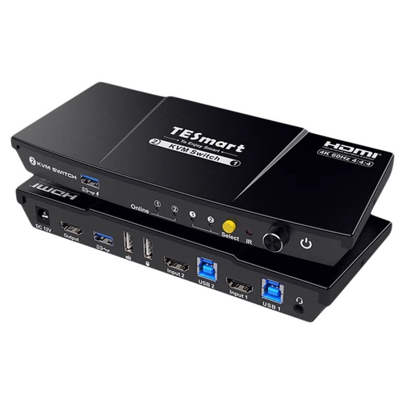 TESmart碲视HDMI2.0二进一出KVM切换器4K60HZ高清共享键鼠显示器支持USB3.0拓展坞独立音频带EDI