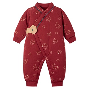 考拉蒂尔 宝宝新年衣服祥云中国风红色婴儿夹棉保暖连体衣秋冬装