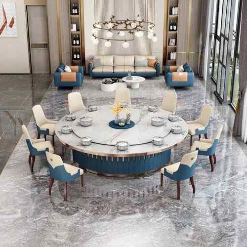 酒店岩板电动大圆桌火锅电磁炉一体别墅包厢商用自助餐桌椅组合