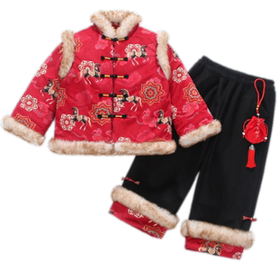 儿童唐装中国风加绒加厚男童冬季传统印花拜年服女童元旦演出服