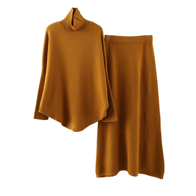 高领斗篷针织衫高腰长裙两件套