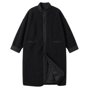 黑色立领两面穿仿羊羔毛棉服外套女冬季新款慵懒风宽松中长款大衣