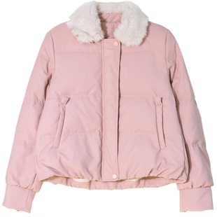 GESGOO粉色短款PU蛋白皮羽绒服白鹅绒冬季女拼獭兔毛翻领外套保暖
