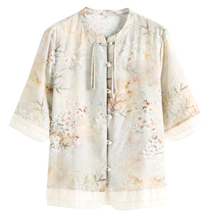 新款中年妈妈夏装套装真丝衬衫女香云纱新中式国风衬衣桑蚕丝上衣