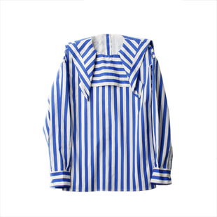 佟丽娅甜美衬衫明星同款休闲海军领蓝白条纹春秋设计感上衣女品质