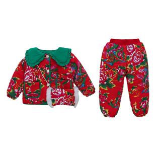 女童东北大花棉袄套装冬季加厚儿童棉服女宝宝过年衣服棉衣潮