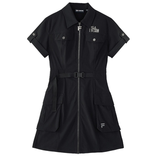 FILA FUSION斐乐潮牌女子梭织连衣裙2024秋新款工装裙