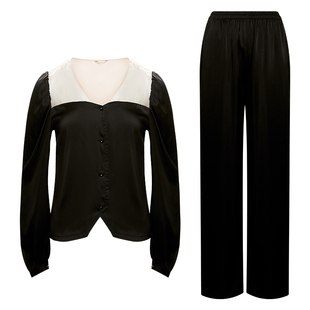 NoirTease奈黎诗春秋薄款丝质睡衣女夏雪纺长袖裤家居服两件套装