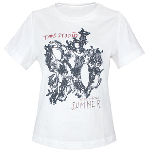 TMS STUDIO 碎片蕾丝印花 水洗棉圆领短袖百搭宽松休闲T恤