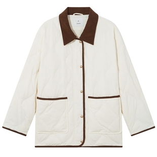 热风女士轻薄羽绒服2025年冬季新款拼色翻领复古巴恩风羽绒服外套