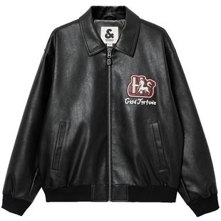 【马年新年礼物】杰克琼斯男装PU夹克宽松短款飞行员夹克翻领外套