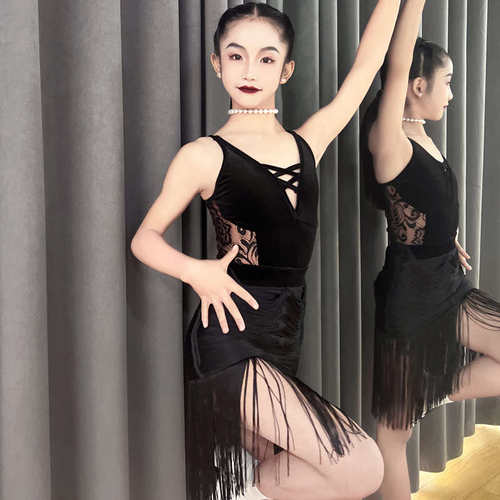 少儿拉丁舞专业艺考集训练功表演出吊带露背服流苏高端级丝绒无袖