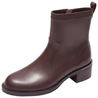 莱尔斯丹时尚纯色粗跟短靴女鞋