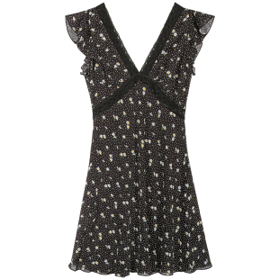 落落狷介五一出游出片穿搭无袖穿搭蕾丝拼接连衣裙女黑色碎花裙