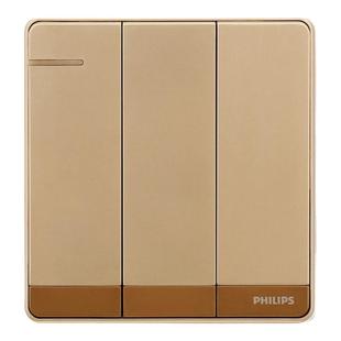 飞利浦三开单控飞逸金开关插座三联单控带荧光家用暗装按钮面板