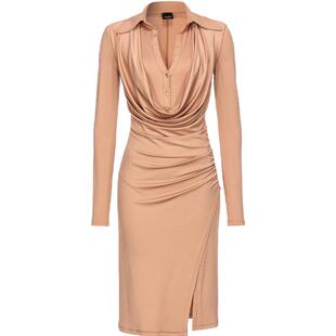 PINKO女士通勤polo领V领垂褶收腰修身长袖连衣裙103052A1L0