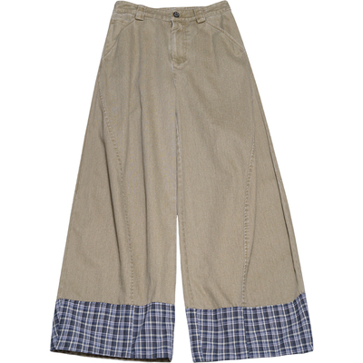 STILLYOU复古做旧格子拼接纱卡裤