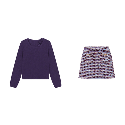 乔拉小香风紫色长袖毛衣裙子套装