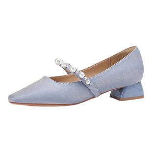 法式绸缎面婚鞋伴娘鞋珍珠一字带单鞋女2025年新款低跟玛丽珍女鞋