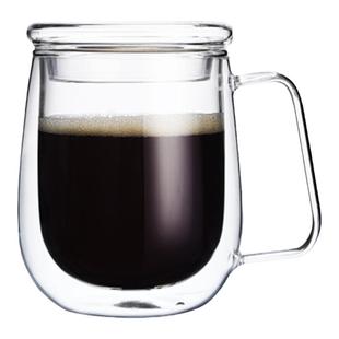 明尚德双层玻璃杯家用高硼硅耐热防爆水杯办公室带盖带勺咖啡杯