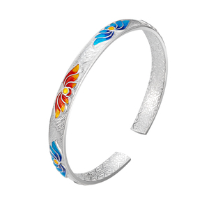 水贝银饰官方旗舰店S999足银珐琅彩莲花开口手镯女七夕礼物送老婆