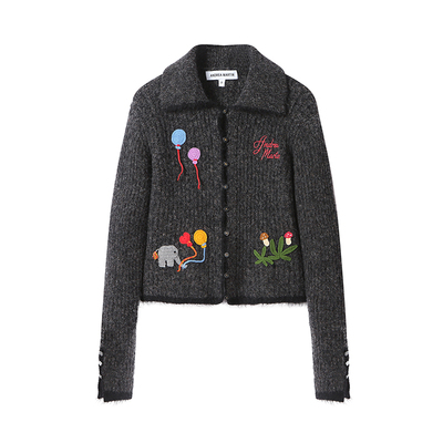 ANDREA MARTIN2026春季新款童趣钩针刺绣毛绒针织开衫短毛衣外套