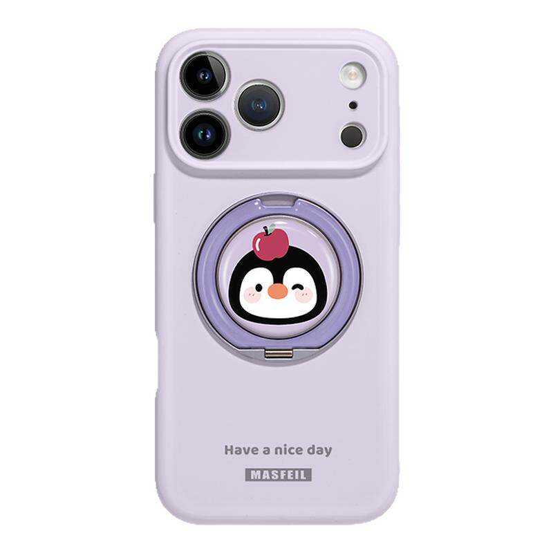 MASFEIL × 紫色企鹅适用苹果17Promax手机壳新款ip15带支架iPhone16Pro保护套Eo1支点液态硅胶13pm高级女14