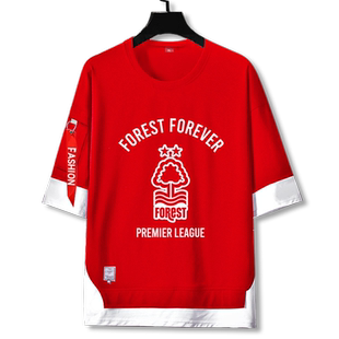诺丁汉森林队服足球迷服假两件短袖t恤衫男女学生5五分袖半袖中袖