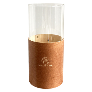 click夏克盒木皮玻璃直筒花瓶摆件新中式高款家用商用装饰复古