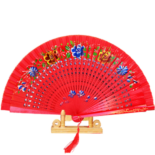 红色跳舞扇子双面西班牙实木扇舞蹈扇旗袍舞台走秀表演扇工艺折扇