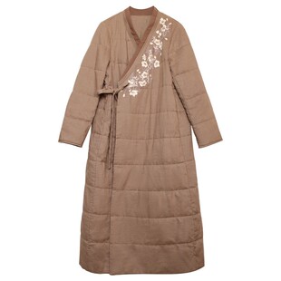 古意 中国风冬季苎麻天丝加厚长款禅意绣花女棉衣汉茶服棉服外套