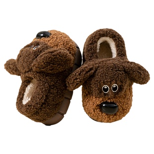 婧麒卡通小狗毛绒棉拖鞋儿童冬季保暖防滑包跟EVA底可爱居家棉鞋