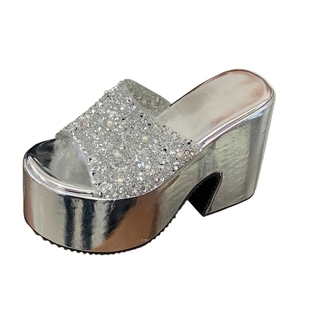 12CM粗跟高跟凉鞋防水台松糕厚底水钻鱼嘴小个子增高不累脚拖鞋女