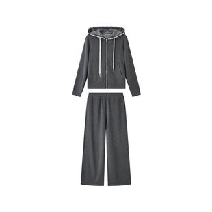 三福休闲套装2026新款春季时尚简约连帽外套直筒长裤两件套女装