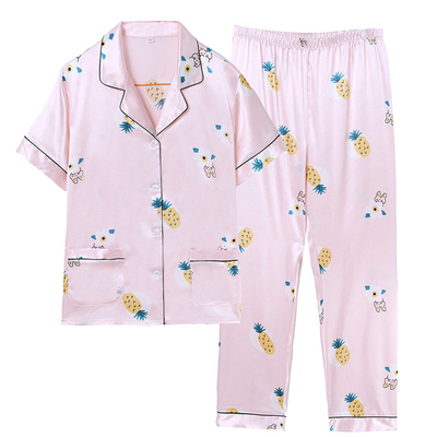 冰丝印花开衫短袖长裤睡衣女套装