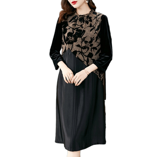 香妮芬黑色气质连衣裙女2025新款秋季拼接女神范典雅休闲高端轻奢