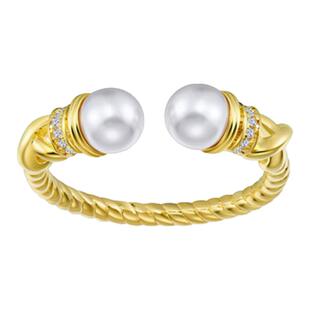 法式复古风5mm双珍珠麻花镶钻开口戒指女925纯银镀金精致通勤叠戴