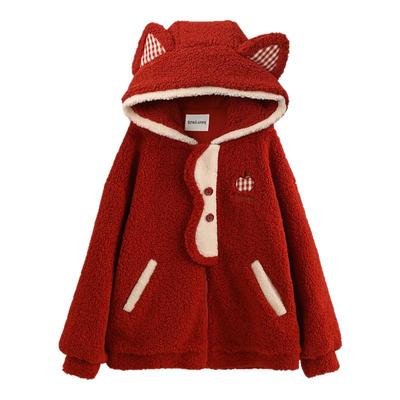 森女部落甜美猫耳连帽绒衫外套女撞色拼接毛绒设计感宽松卫衣冬季