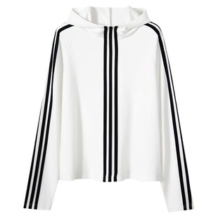 2025春秋新款连帽打底衫女韩版三条杠条纹长袖休闲百搭显瘦上衣女