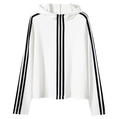 2025春秋新款连帽打底衫女韩版三条杠条纹长袖休闲百搭显瘦上衣女