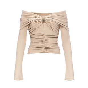 Sheer Luck Lili Knitted Top设计感一字肩褶皱显瘦针织衫