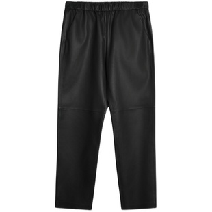 TOFOD 土耳其进口弹力小羊皮乌木棕色皮裤 真皮黑色直筒法棍裤