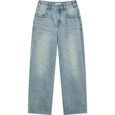 播高腰阔腿水洗牛仔裤商场同款破洞做旧宽松淡人直筒裤BDR2KD0831